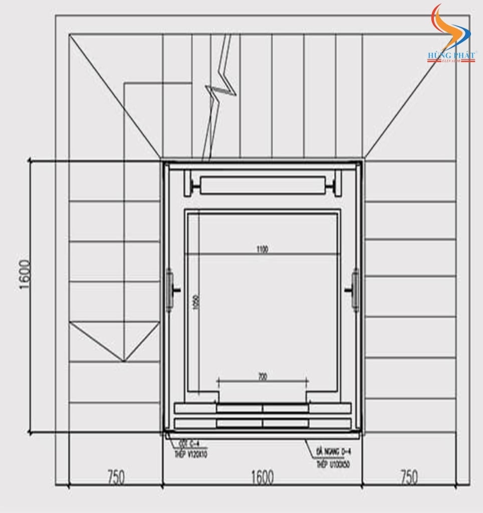 Bản vẽ thang máy từ thiết kế thung thép, khung nhôm