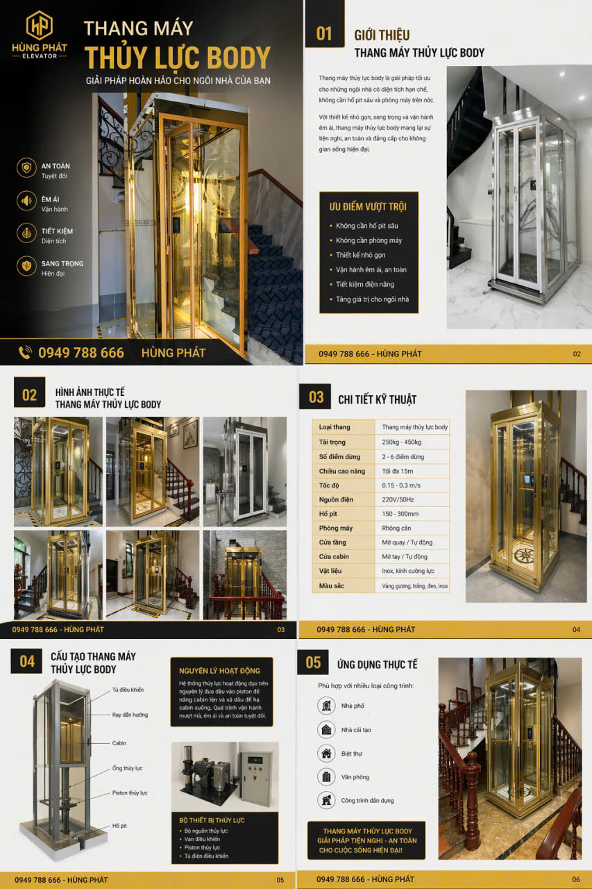 Sơ đồ cấu tạo thang máy thủy lực body inox vàng — Hùng Phát Elevator