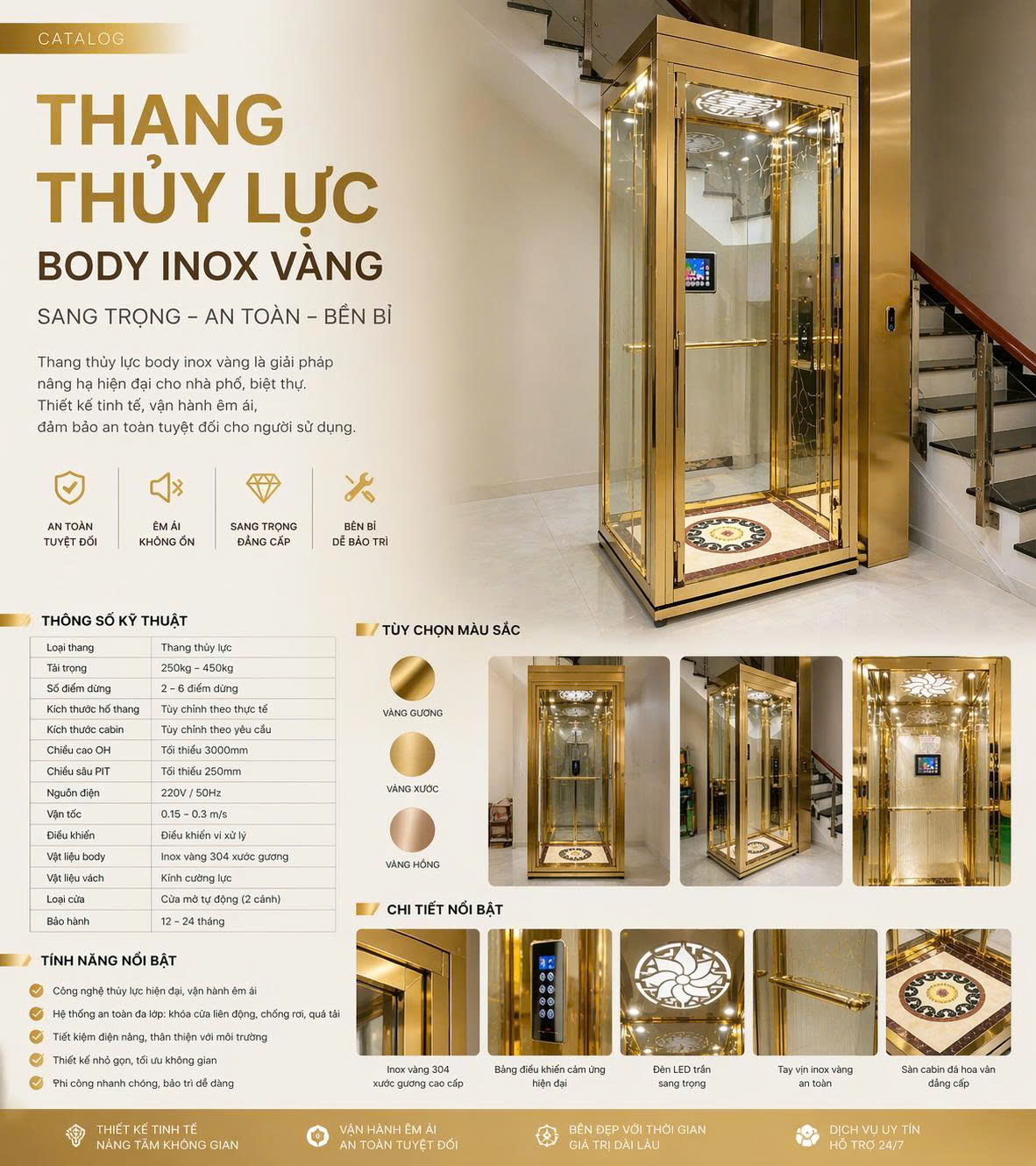 Thông số kỹ thuật thang máy thủy lực Hùng Phát: tải trọng, kích thước, màu sắc
