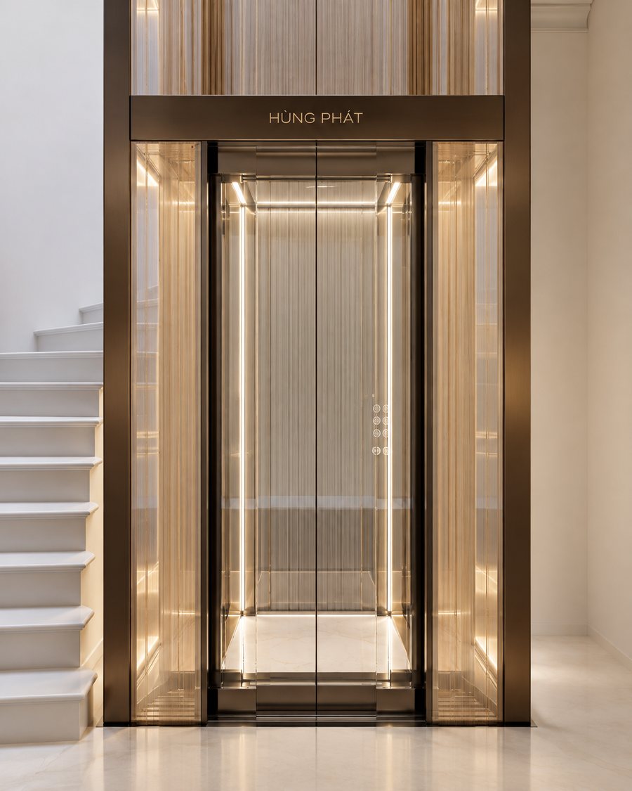 Thang máy cáp dẹt cabin kính Hùng Phát